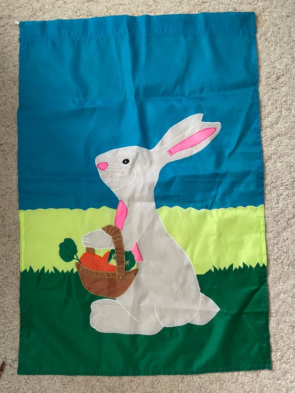 Vintage Nylon Flag Easter Bunny Rabbit Basket Carrots 28x41 Outdoor 2 Sided